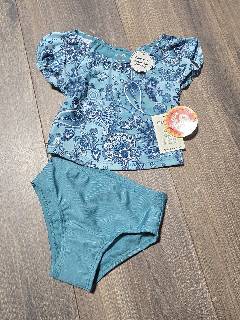 George NEW Girls Teal Blue Paisly Print 2pc Puff Sleeve 50 UPF High Waist NWT 2T